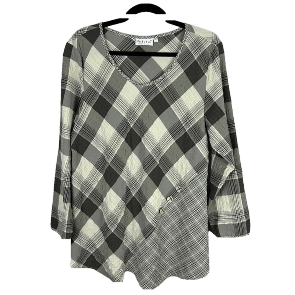 Habitat Lagenlook Plaid Asymmetrical Tunic Top Large Gray White